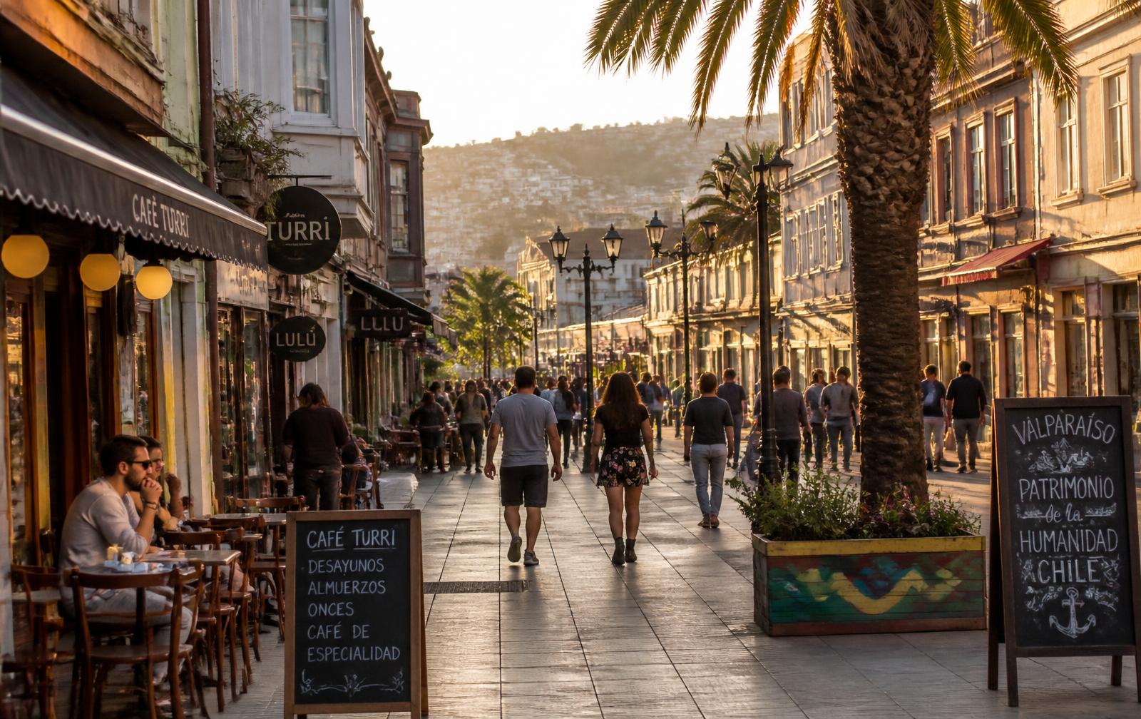 Calle comercial del Barrio Poniente de Viña del Mar al atardecer